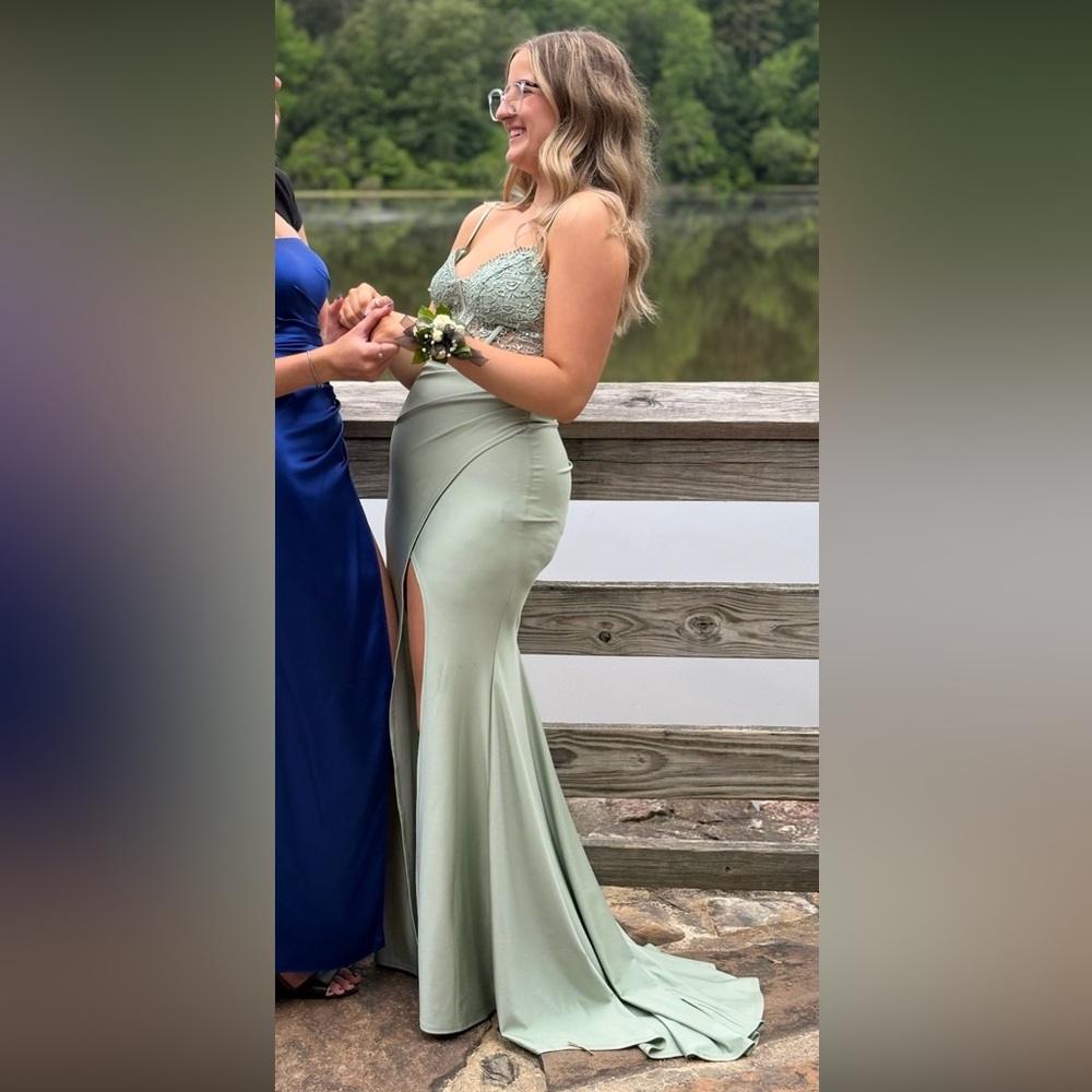 B Darlin Light Green Prom Dress with Lace Bodice